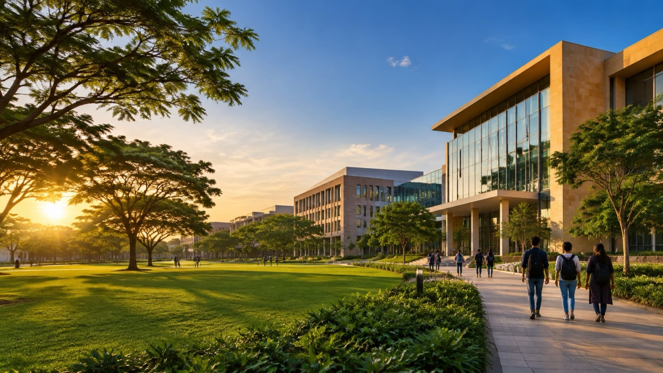A modern university campus with green lawns at golden hour