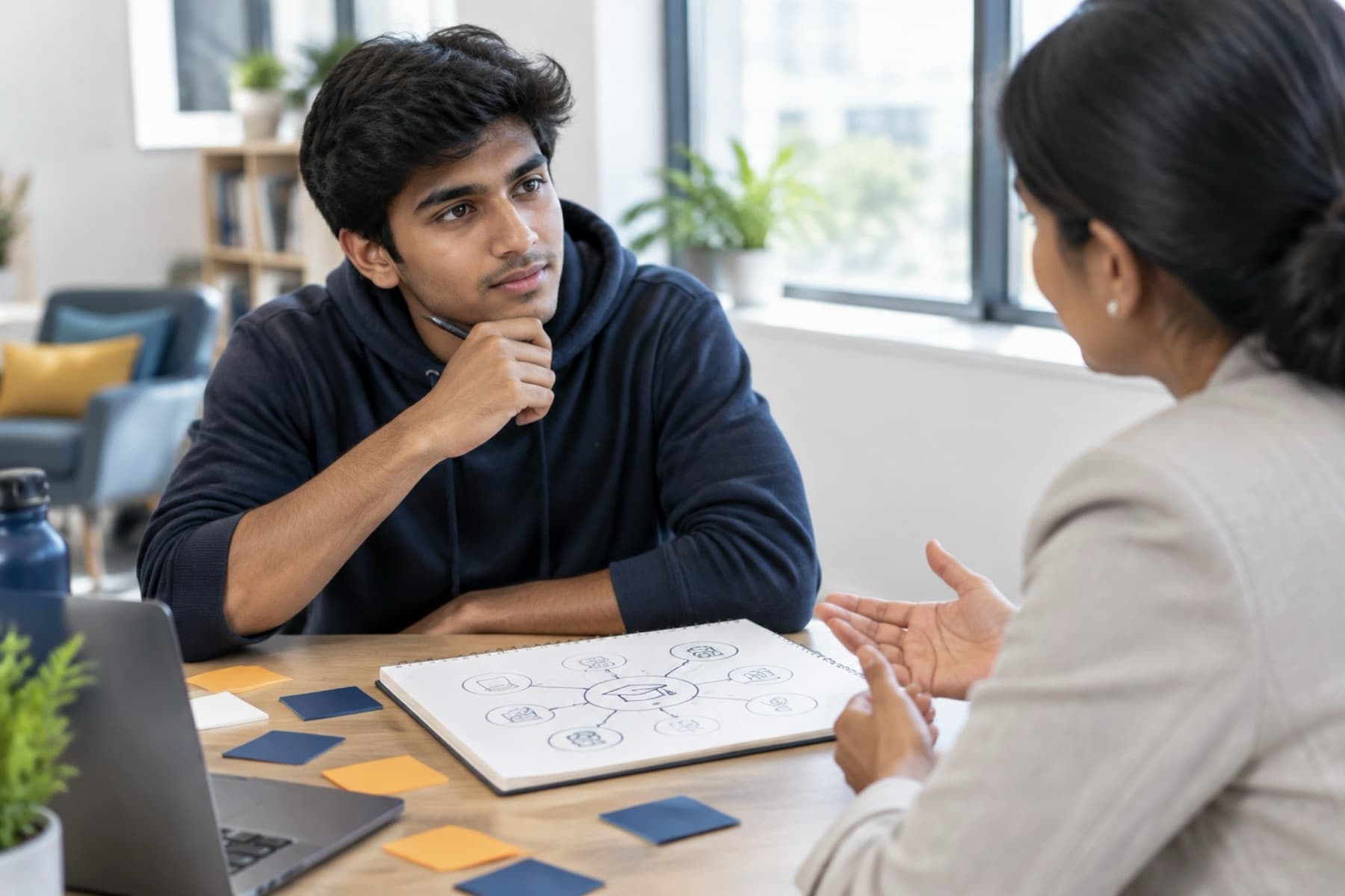 A student mapping out career options with a counsellor